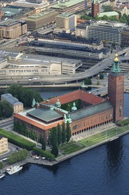Sweden, Stockholm, Kungsholmen island, Stockholm City Hall , also named Stadshuset, built by architect Ragnar Ostberg (aerial view)