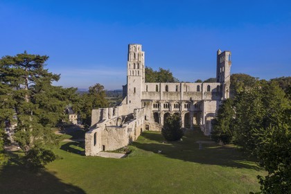 France, Seine-Maritime, France, Seine Maritime, Pays de Caux, Norman Seine River Meanders Regional Nature Park, Jumieges, abbey of Saint Pierre de Jumieges founded in the 7th century (aerial view)