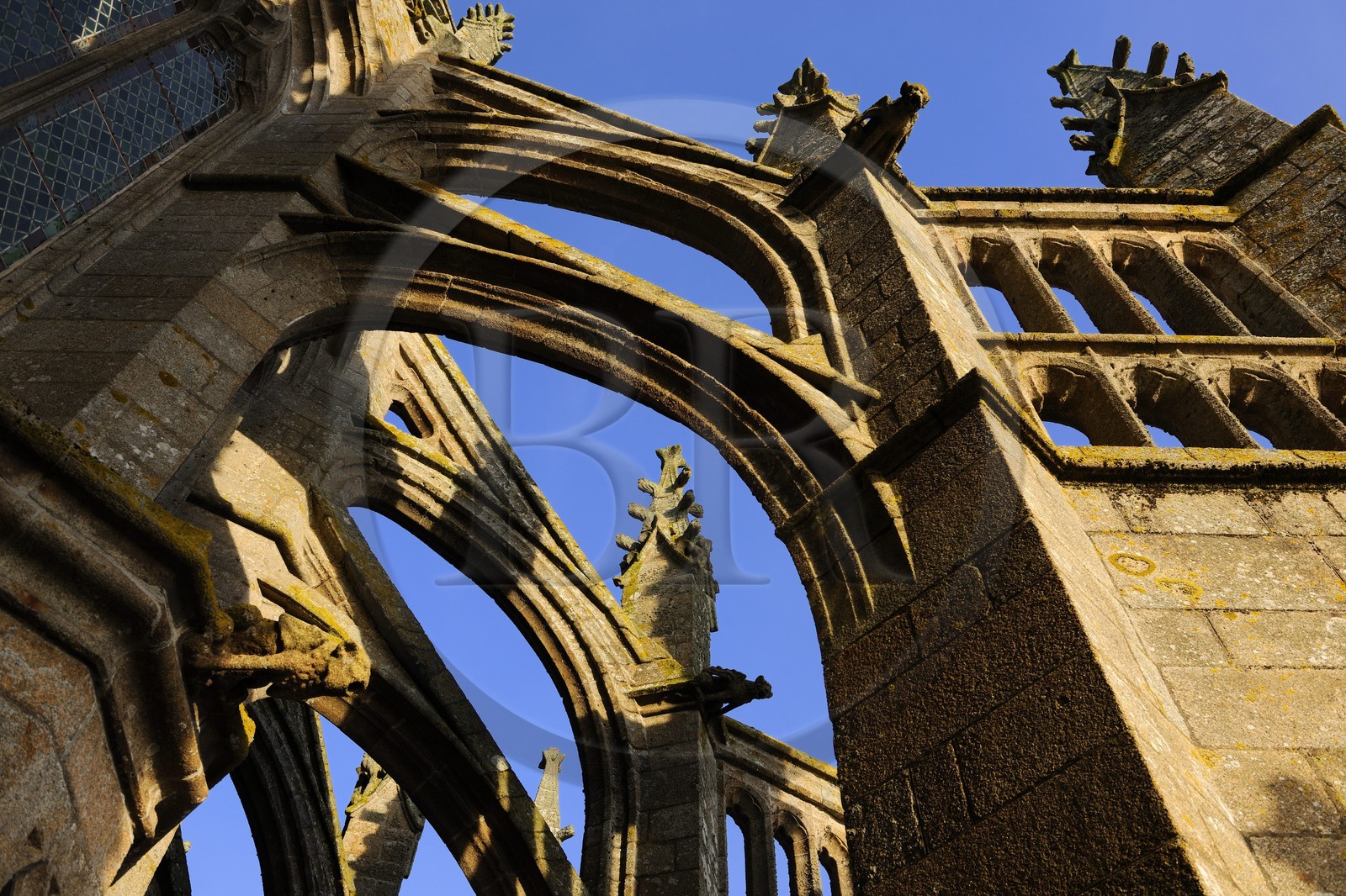 France, Manche, the abbey of Mont Saint Michel, listed as World Heritage by UNESCO, the gargoyles of the church on the Flying buttress