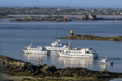 France, Finistère (29), Iles du Ponant, Ile de Batz, baie de  Porz-Kernok dans le chenal au petit matin, les vedettes qui font la liaison avec Roscoff