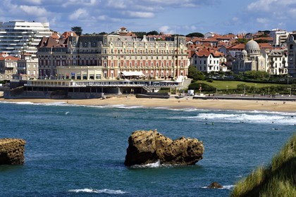 France, Pyrenees Atlantiques, Basque Country, Biarritz, the Grande Plage (town's largest beach), the Russian Orthodox Church and the Hotel du Palais