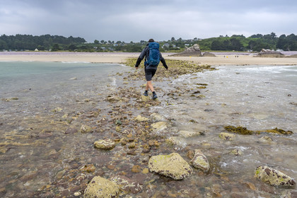 France, Cotes d'Armor, Grand Site de France Cap d'Erquy - Cap Frehel, Erquy, the Saint-Michel islet accessible on foot at low tide, passage of the tombolo at rising tide