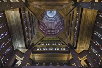 France, Seine Maritime, Le Havre, Downtown rebuilt by Auguste Perret listed as World Heritage by UNESCO, Saint Joseph church, the bell tower seen from the nave