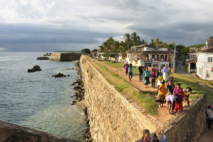 Sri Lanka, Southern Province, Galle Fort, listed as World heritage by UNESCO, old colonial houses behind the sea side walls of the fortified town
