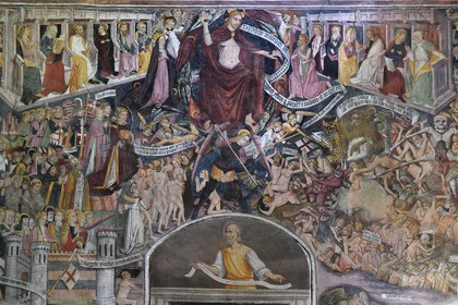 France, Alpes-Maritimes, Roya Valley, La Brigue, Notre Dame des Fontaines Chapel, 15th century frescos attributed to Jean Canavesio, fresco of the Last Judgement located on the western wall
