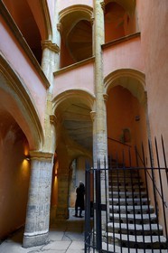 France, Rhone, Lyon, historical site listed as World Heritage by UNESCO, Vieux Lyon (Old Town), traboule (small passageway) connecting the 6 rue des Trois Maries to the 6 rue Saint Jean