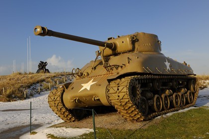 France, Manche, Cotentin, Sainte Marie du Mont, American tank behind Utah Beach where took place the main American landing of D day