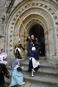 France, Finistere, Locronan, labelled Les plus Beaux Villages de France (The Most Beautiful Villages of France), leaving in traditional costume Péniti chapel adjacent to the church of Saint Ronan for the start of the procession of the Tromenie