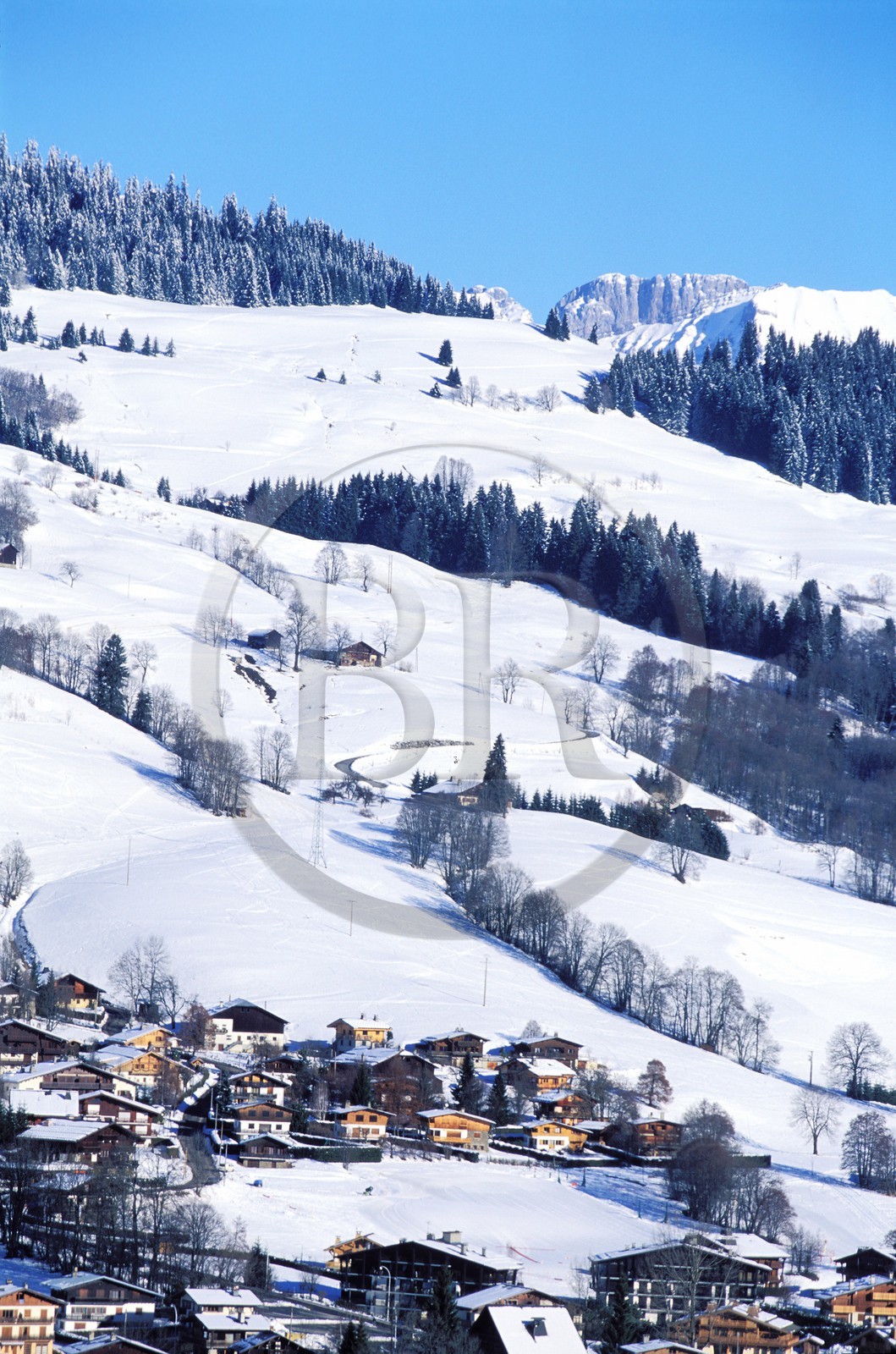 France, Haute Savoie, chalets on Jaillet slopes facing Megeve