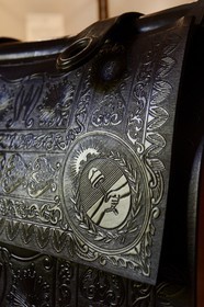 Argentina, Buenos Aires Province, San Antonio de Areco, horse saddle manufactured by the leather craftsman Martin Alvarez with the coat of arms of Argentina