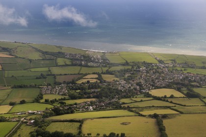 United Kingdom, England, Dorset, fields along the coast at Burton Bradstock (aerial view)
