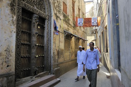Tanzania, Zanzibar Archipelago, Unguja island (Zanzibar), Stone Town, listed as World Heritage by UNESCO, an indian type door from the old city in the Shangani neighborhood
