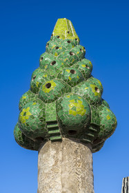 Spain, Catalonia, Barcelona, the Güell Palace (Palau Güell) built between 1886 and 1891 by the Catalan modernist architect Antoni Gaudi, a UNESCO World Heritage site, chimneys and ventilation towers on the roof terrace