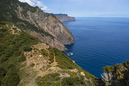 Portugal, Madeira Island, hike from Machico to Porto da Cruz by the Vereda do Larano, at the Boca do Risco pass (aerial view)
