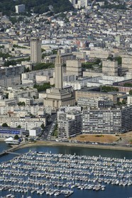 France, Seine Maritime, Le Havre, listed as World Heritage by UNESCO, the city center around the Lantern tower of Saint Joseph church (aerial view)