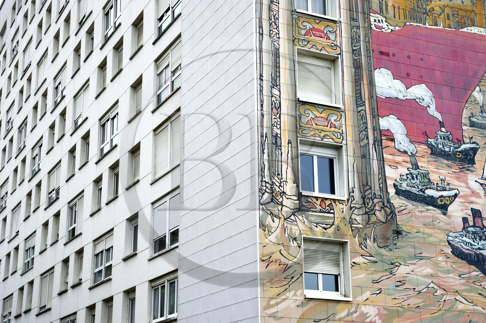 France, Charente (16), Angoulême, Rue de la Grand-Font, New York sur Charente, détail du mur peint d'après un dessin original de Nicolas de Crécy et réalisé par la Cité de la création en 2001