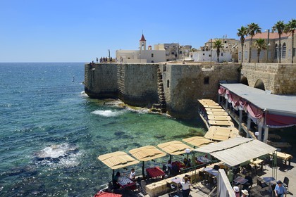 Israel, North district, Galilee, Acre (Akko), old town, listed as World Heritage by UNESCO, the port of Pisa and St. John's Church overlooking the sea wall