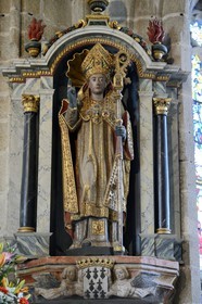 France, Finistere, Locronan, labelled Les plus Beaux Villages de France (The Most Beautiful Villages of France), Saint Ronan church, the statue represents him with miter and crosier as a priest or a traveling bishop