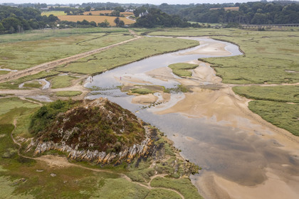 France, Cotes d'Armor, Grand Site de France Cap d'Erquy - Cap Frehel, Frehel, estuary of the Islet river at Sables d'Or les Pins (aerial view)