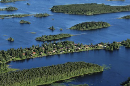 Sweden, Västerbotten County, region of Umea, Skeppsvik village on a Baltic Sea peninsula (aerial view)