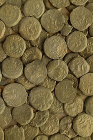 Israel, Jerusalem, Davidson Center, bronze coins called Perutot found at the Herodian street probably brought by pilgrims