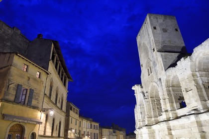 France, Bouches du Rhone, Arles, Palais de Luppé (columns), a 17th century mansion facing the Arena, Roman Amphitheatre 80-90 AD, Historical monument, listed as World Heritage by UNESCO
