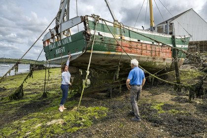 France, Finistère (29), Pays des Abers, port de Saint-Pabu sur l'Aber Benoit, chantier de construction navale Bégoc spécialisé dans la restauration de bateau en bois, dragueur en bois des années 60 specialement conçu pour la famille Madec pour l'ostréiculture