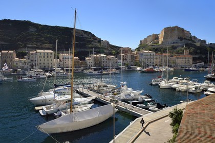France, Corse du Sud, Bonifacio, the port overlooked by the Citadel in the upper town