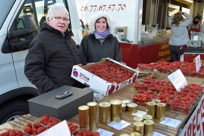 France, Dordogne, Périgord Vert, Thiviers, Alain Lavisa and his daughter Audrey sell their Guariguette strawberries at the Saturday morning market on Place Foch