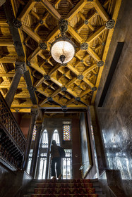 Spain, Catalonia, Barcelona, the Güell Palace (Palau Güell) built between 1886 and 1891 by the Catalan modernist architect Antoni Gaudi, a UNESCO World Heritage site, coffered ceiling on the noble floor at the top of the main staircase