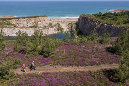 France, Cotes d'Armor, Grand Site de France Cap d'Erquy - Cap Frehel, Frehel, hikers on the GR34 Grande Randonnée path and the Fréhel quarries in the background (aerial view)