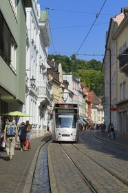 Allemagne, Bade-Wurtemberg, Fribourg en Brisgau, Salzstrasse, un des Bächle qui sont des petits caniveaux ouverts qui bordent les trottoirs de la vieille ville