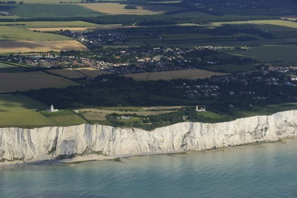 United Kingdom, England, Kent, St.Margaret's Bay, White Cliffs of Dover and the South Foreland lighthouse (aerial view)