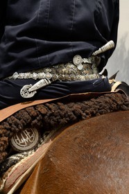 Argentina, Buenos Aires Province, San Antonio de Areco, Tradition Day festival (Dia de Tradicion) close up at a gaucho's traditional belt and the facon (wide and long knife)