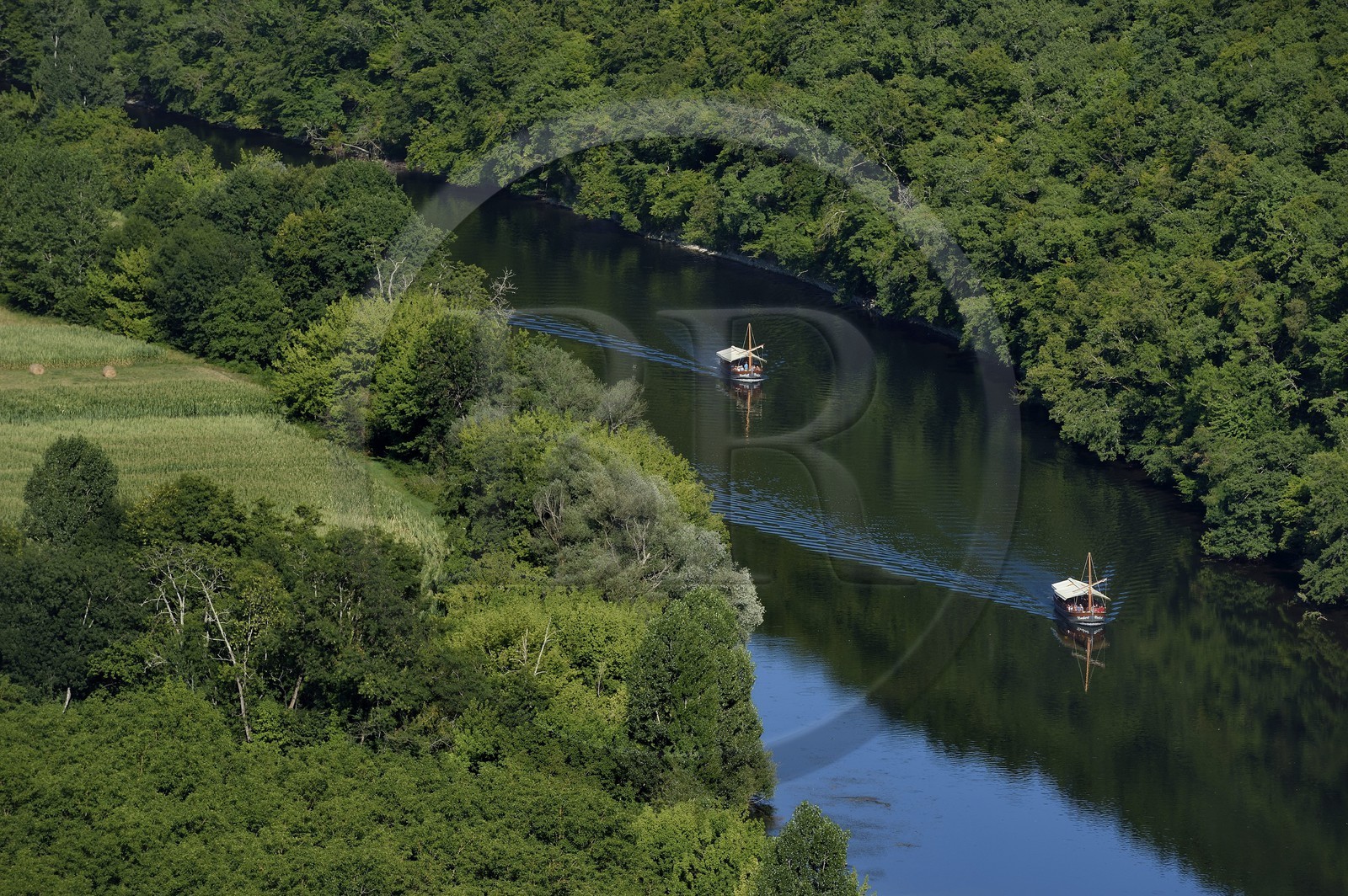 France, Dordogne (24), Périgord Noir, vallée de la Dordogne, gabare sur la rivière Dordogne à Castelnaud-la-Chapelle