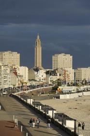 France, Seine Maritime, Le Havre, listed as World Heritage by UNESCO, the city center around the Lantern tower of Saint Joseph church seen from Sainte-Adresse