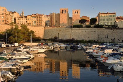 France, Bouches du Rhone, Marseille, the Vieux Port, Saint Victor abbey and Notre Dame de la Garde in the background