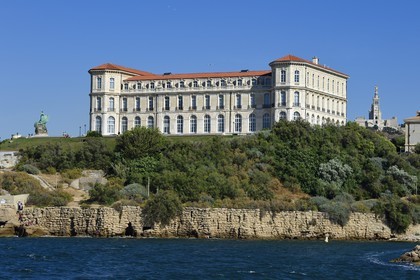 France, Bouches du Rhone, Marseille, Pharo district, entrance of the Vieux Port, palais du Pharo, Notre Dame de la Garde basilica in the background