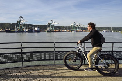 France, Seine-Maritime, Norman Seine River Meanders Regional Nature Park, Hautot sur Seine, cyclist on the veloroute facing the Grand Port Maritime of Rouen
