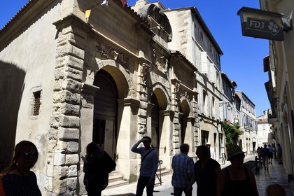 France, Bouches du Rhone, Arles, rue du Quatre-septembre, former Grande Boucherie (Large Butchery) rebuilt in 1724 and decorated with heads of oxen and sheep