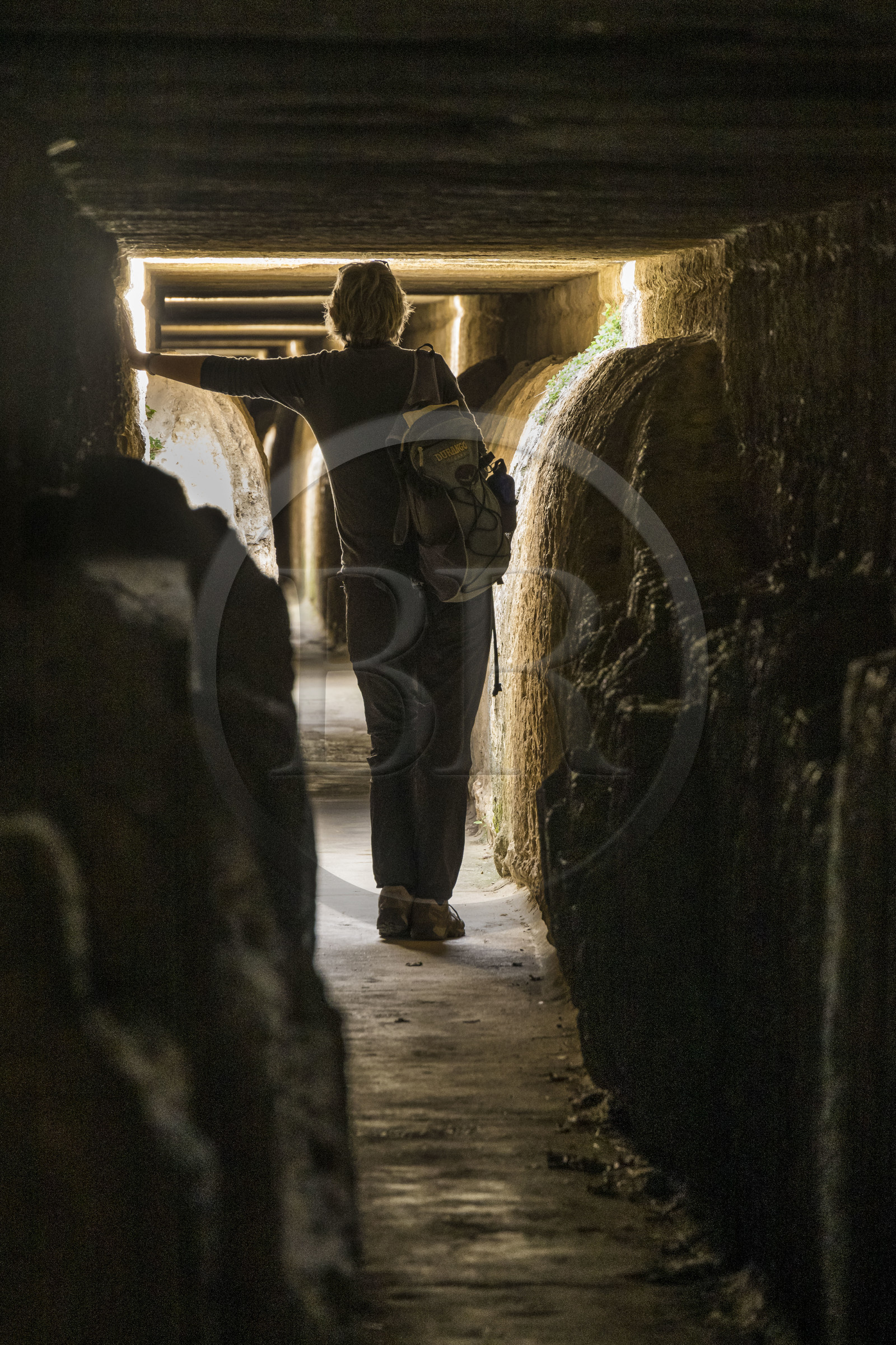 France, Gard, Pont du Gard classified World Heritage by UNESCO, Grand Site de France, Roman aqueduct over the Gardon River, calcareous concretions deposited over the years on the interior walls of the aqueduct conduit in the upper part of the bridge