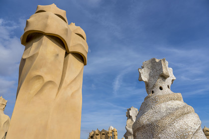 Spain, Catalonia, Barcelona, Eixample district, Passeig de Gracia, Pedrera or Casa Mila (1905-1910) by the Catalan modernist architect Antoni Gaudi, UNESCO World Heritage site, chimneys and ventilation towers on the roof terrace of the building