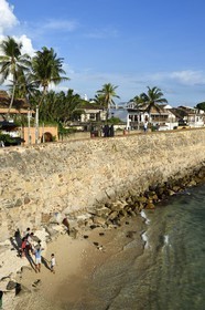 Sri Lanka, Southern Province, Galle Fort, listed as World heritage by UNESCO, old colonial houses behind the sea side walls of the fortified town