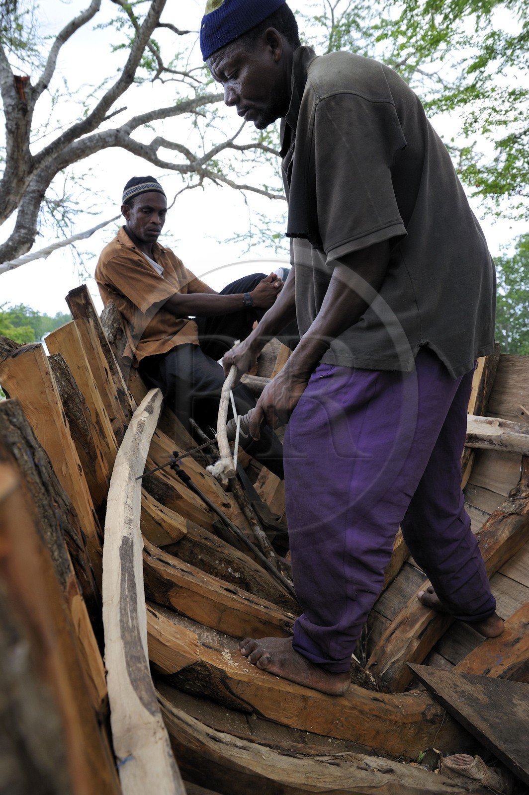 Tanzanie, archipel de Zanzibar, île de Unguja (Zanzibar), ville de Zanzibar, chantier naval près des ruines de Maruhubi Palace, fabrication d'un dhow