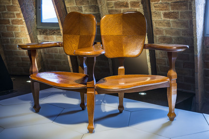 Spain, Catalonia, Barcelona, Eixample district, Passeig de Gracia, Pedrera or Casa Mila (1905-1910) by the Catalan modernist architect Antoni Gaudi, UNESCO World Heritage site, small sofa Confident (1907) from Casa Batllo