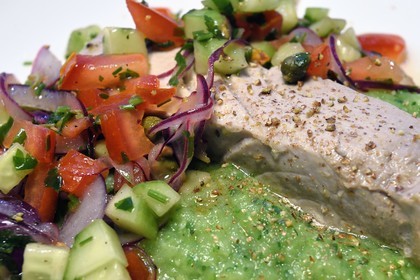 France, Mild steamed back of tuna virgin sauce with lime citrus fruit and zucchini mousseline with lime citrus fruit