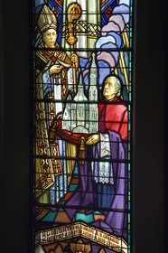 France, Allier (03), Vichy, Notre Dame des Malades (Our Lady of the Sick) church and Saint Blaise church, vitraux réalisés par les frères Mauméjean en 1933, detail of the Coronation of the Virgin showing the church offering to the bishop