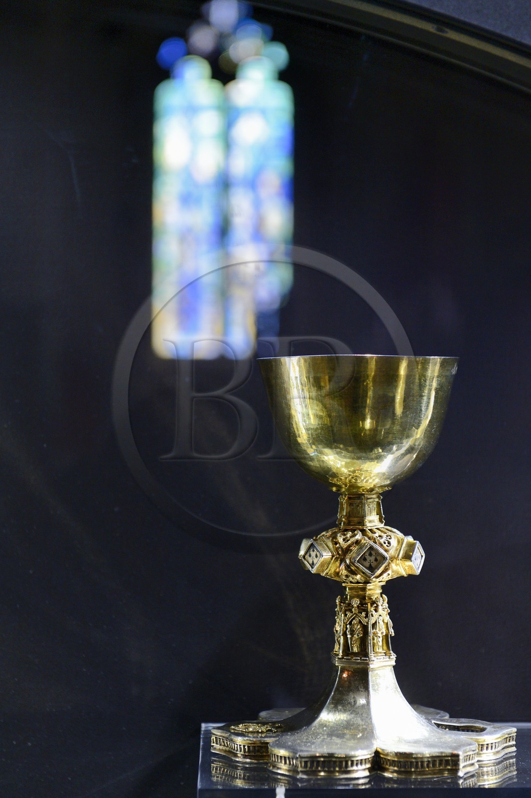 France, Finistere, Locronan, labelled Les plus Beaux Villages de France (The Most Beautiful Villages of France), Saint Ronan church, the large gilded silver chalice from the late fifteenth century is the most beautiful piece of the treasure