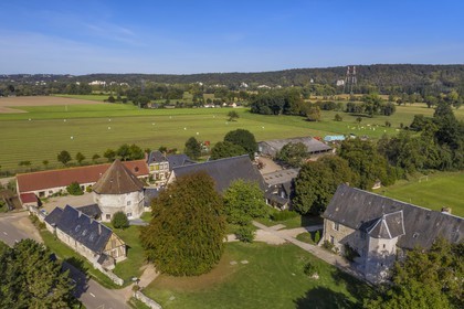 France, Seine-Maritime, Norman Seine River Meanders Regional Nature Park, Ambourville manor of the Templars and the former octogonal dovecote (aerial view)