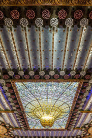 Spain, Catalonia, Barcelona, Palau de la Musica Catalana (Catalan Music Palace), concert hall designed by the architect of Catalan modernism Lluis Domènech i Montaner, a UNESCO World Heritage Site, large glass roof, stained glass dome work of Antoni Rigalt i Blanch
